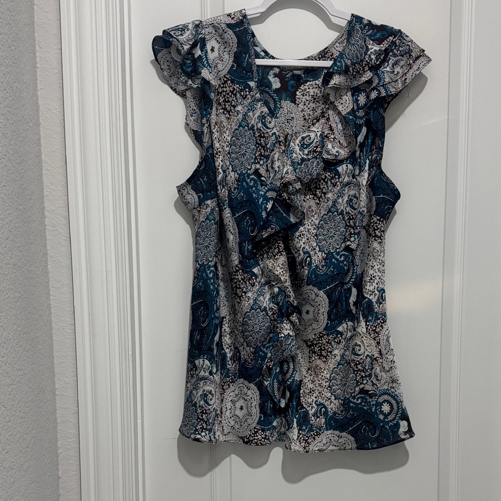 Roz & Ali Teal and White Paisley Ruffle Sleeve Blouse